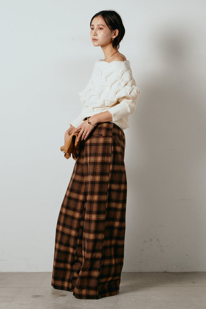 [SET]ボートネックニットトップス+ルーズタータンチェックワイドパンツ(2set)
