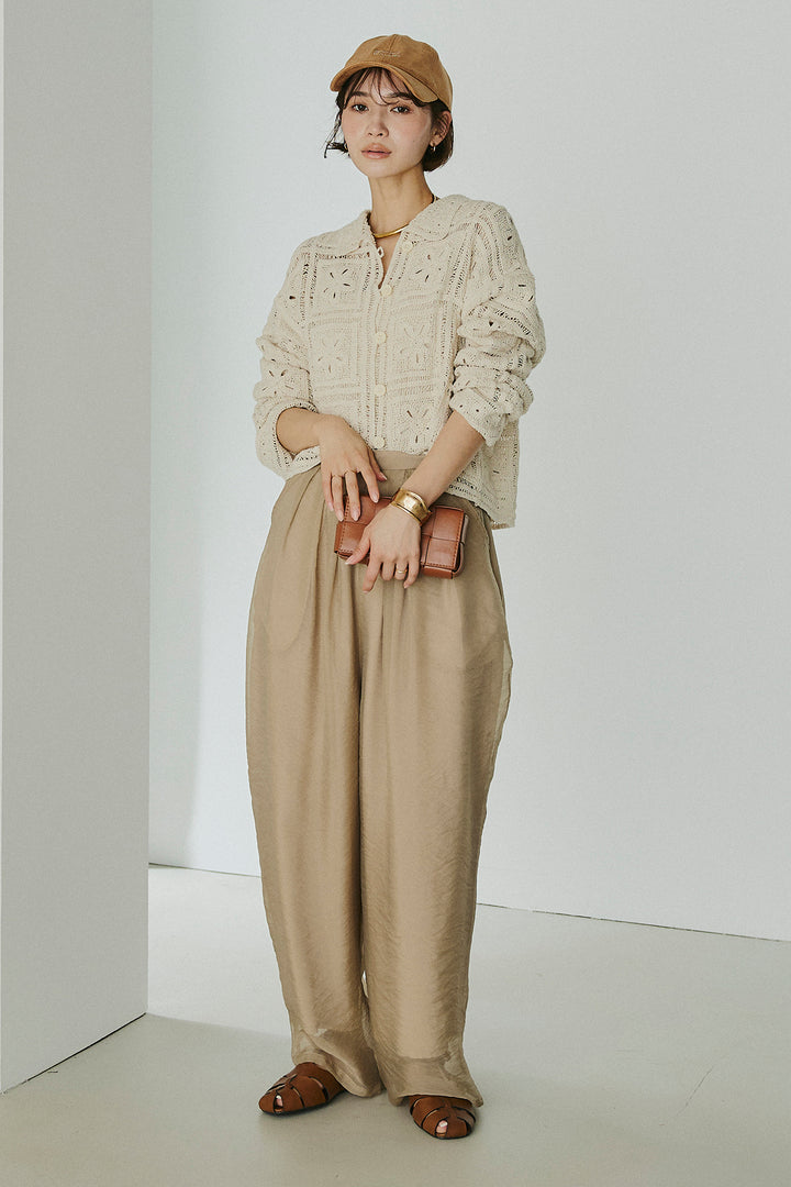 [SET]鍵編みフラワーレースカーディガン+オーガンジータックパンツ(2set)