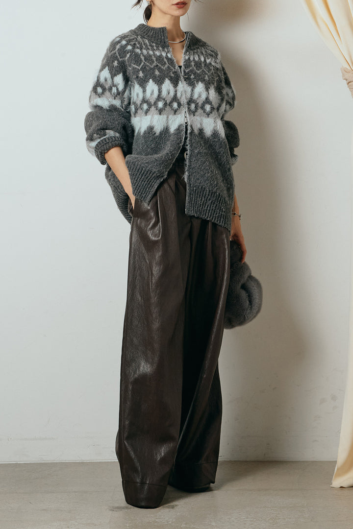 [SET]起毛ダブルジップパターンニットカーディガン+ベルト付きレザーライクタックパンツ(2set)