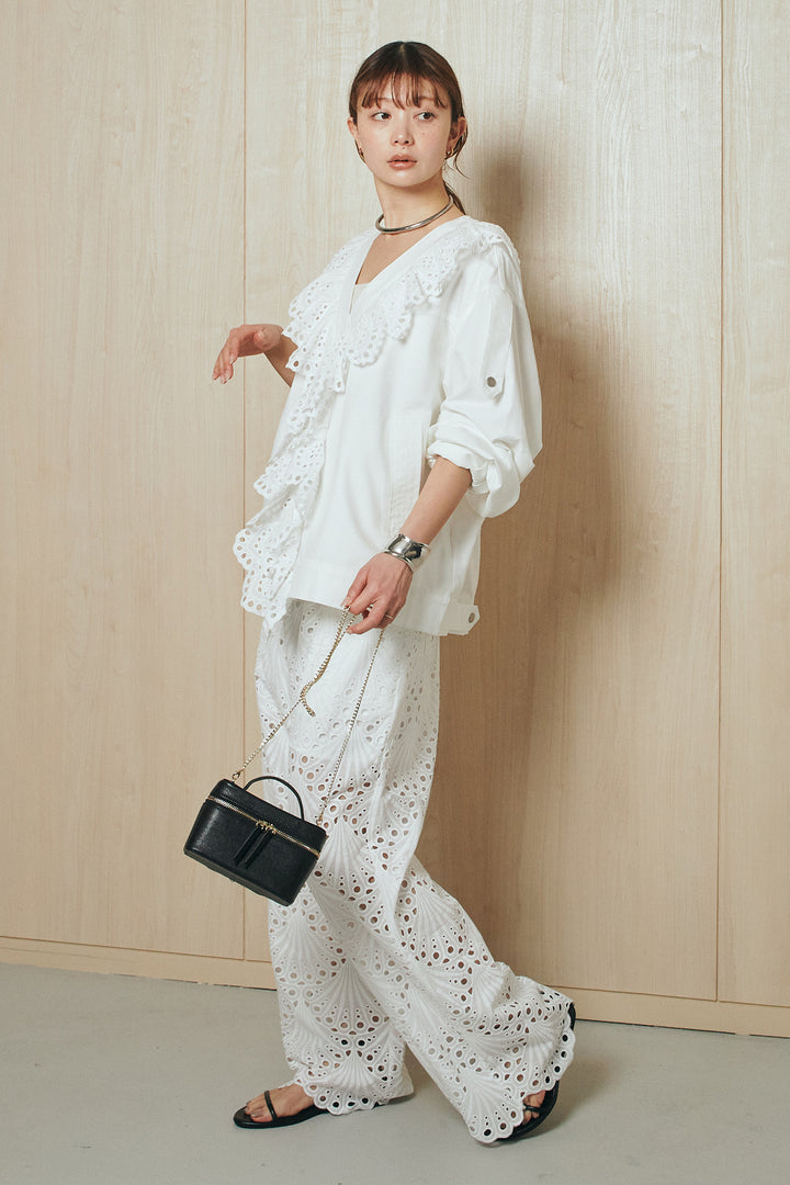 [SET]レースフリルドッキングアウター+レース刺繍リラックスパンツ(2set)