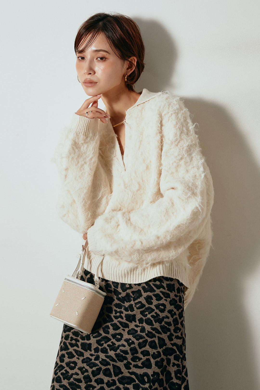[SET]襟付きシャギーニットポロトップス+レオパードロングスカート(2set)