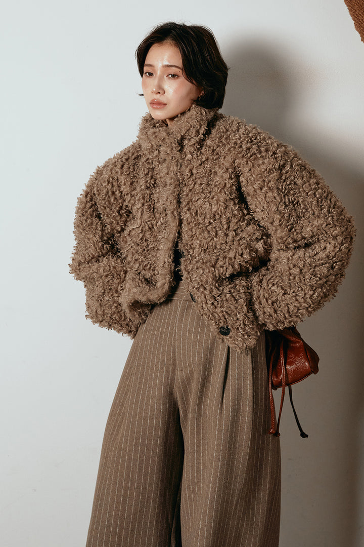 [SET]プードルファーミドルジャケット+ウールライクストライプパンツ(2set)