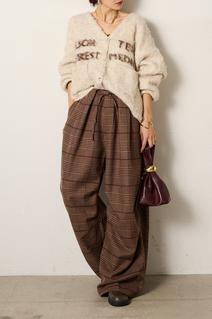 [SET]ウール混透かしロゴニットカーディガン+グレンチェックルーズタックパンツ(2set)