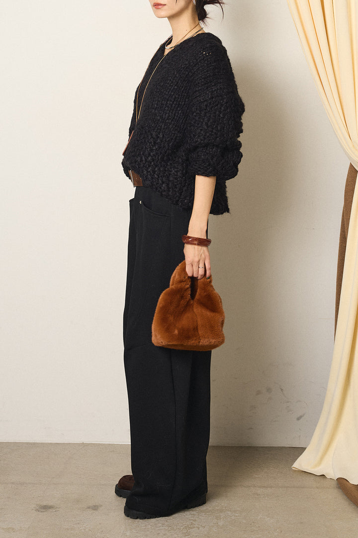 [SET]Vネックハンド編みニットトップス+太ベルト付きスウェットワイドカーブパンツ(2set)