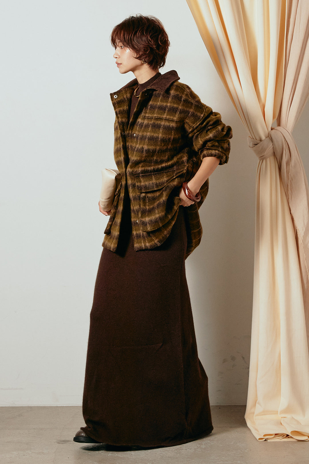 [SET]チェックシャギーミドルカバーオール+ノースリーブニットロングワンピース(2set)