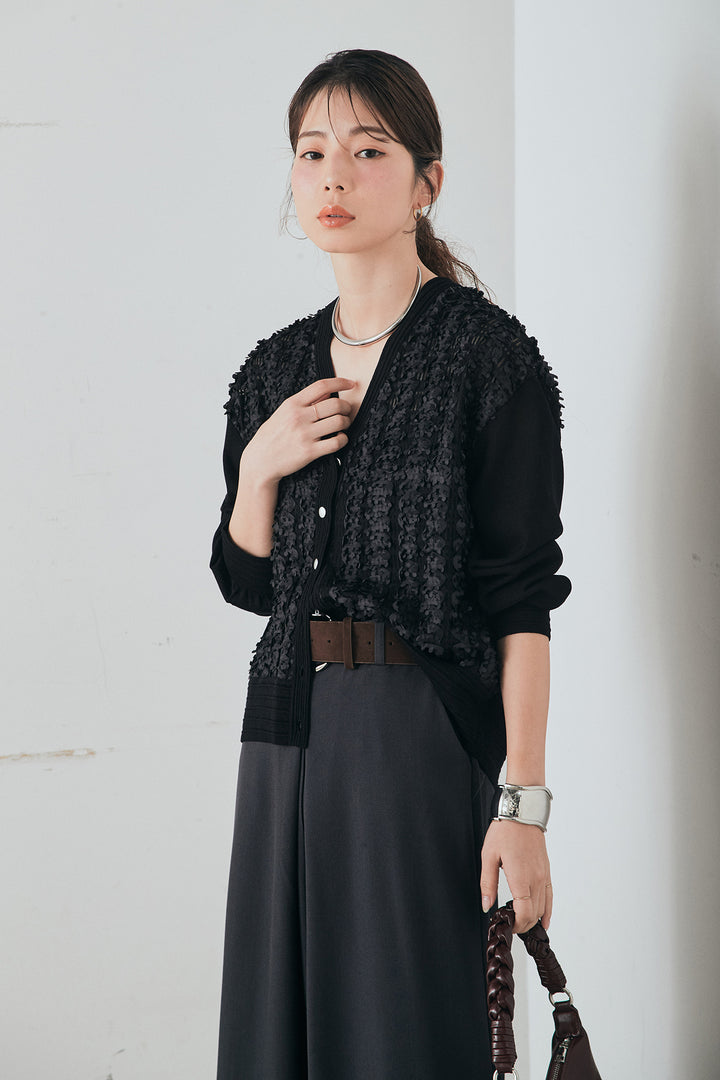 [SET]モコレースVネックカーディガン+太ベルト付きフロントタックパンツ(2set)