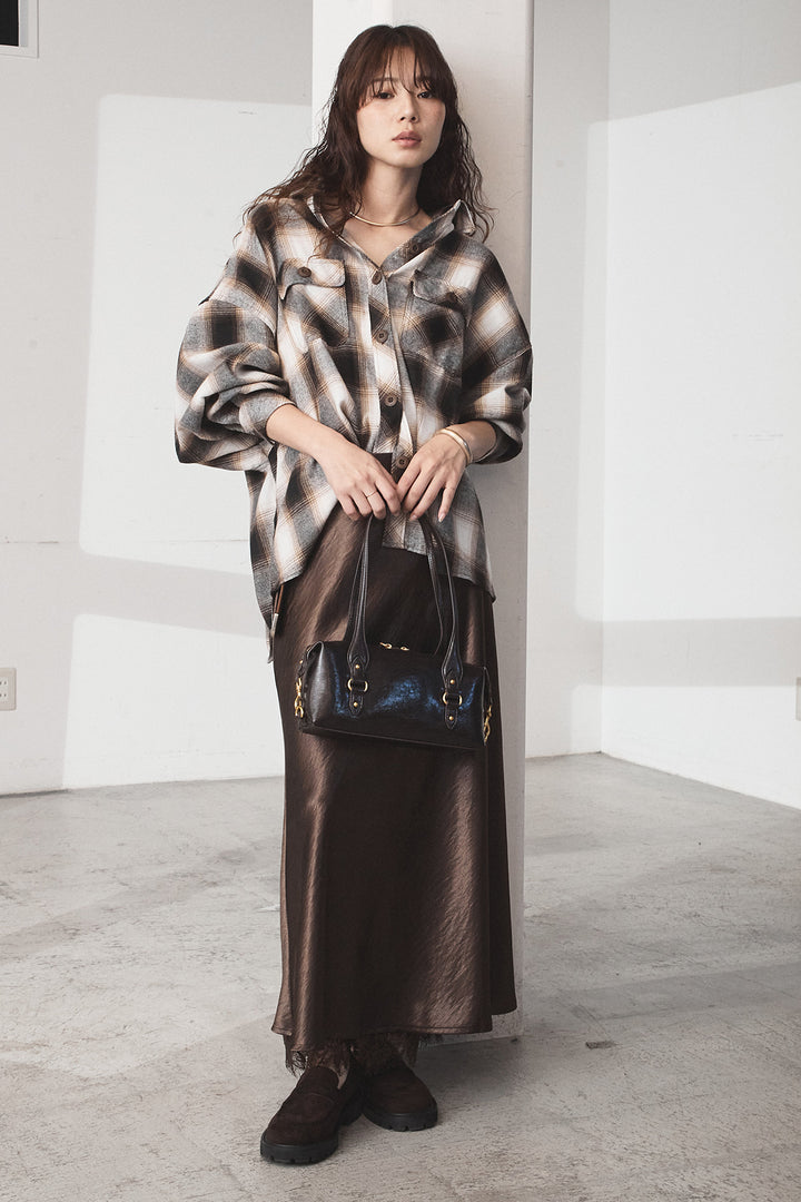 [SET]オンブレーチェックビッグシルエットCPOシャツ+裾レースデザインサテンスカート(2set)