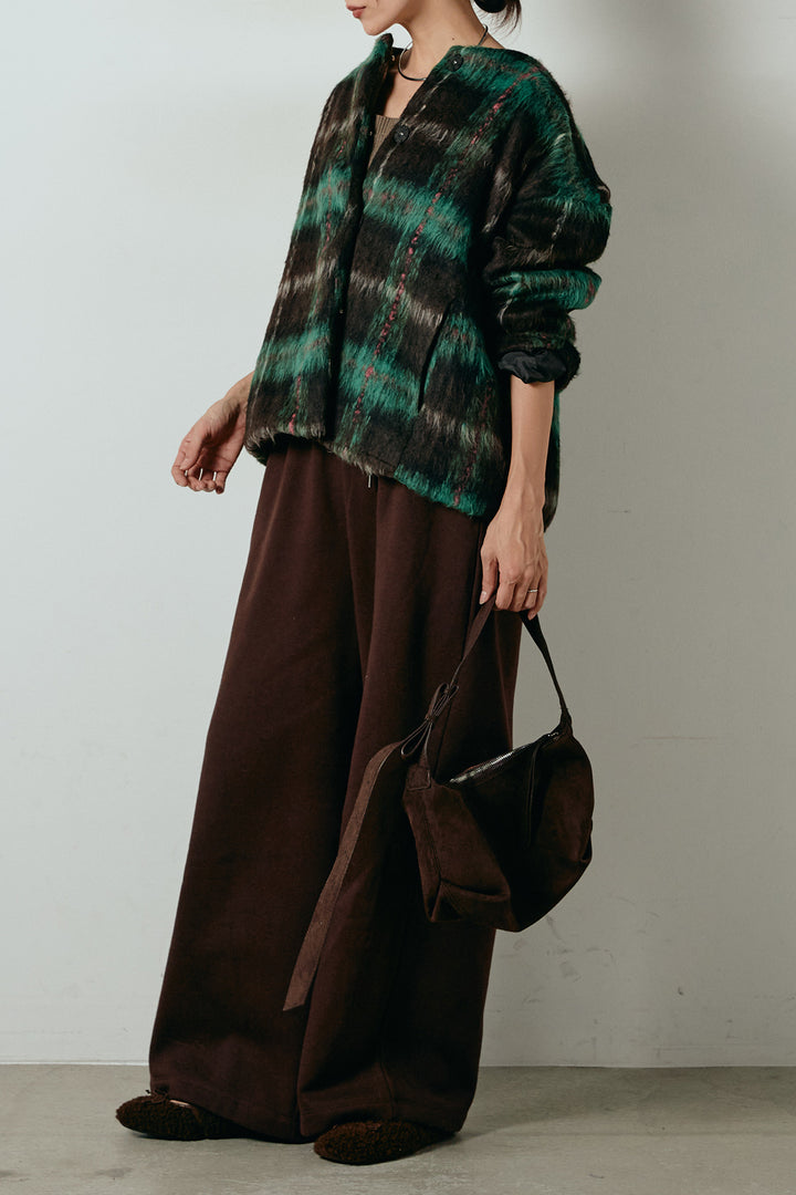 [SET]ノーカラーシャギーチェックアウター+裏起毛スウェットワイドパンツ(2set)