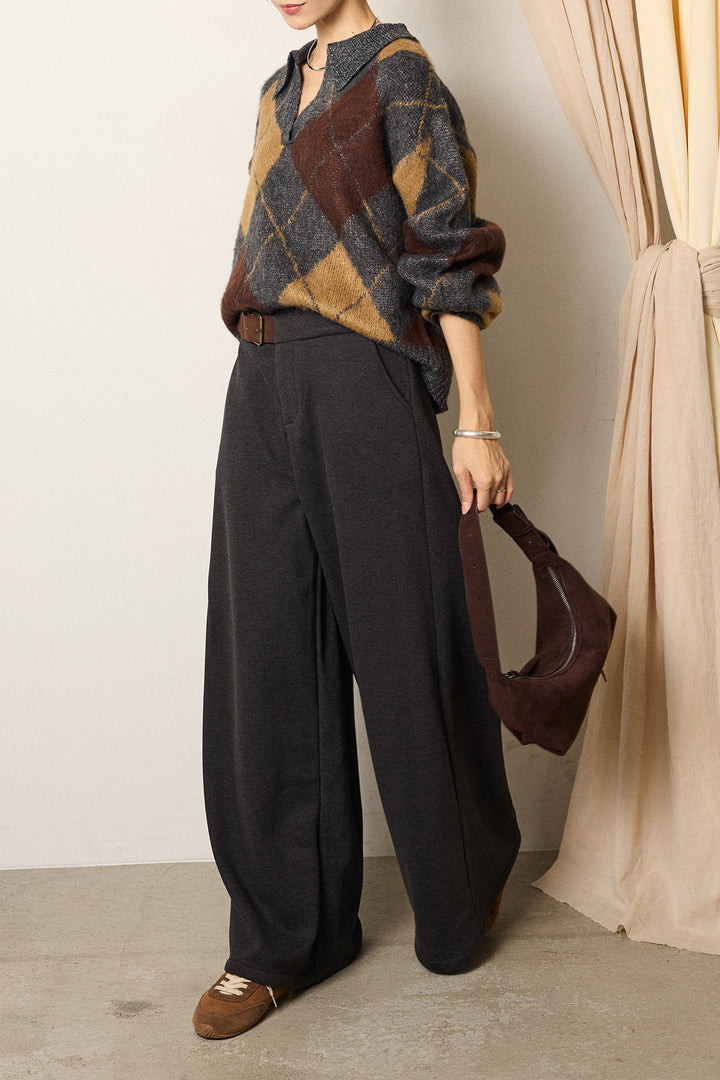 [SET]アクリルモヘアアーガイルキーネックプルオーバー+サイドベルトパンツ(2set)