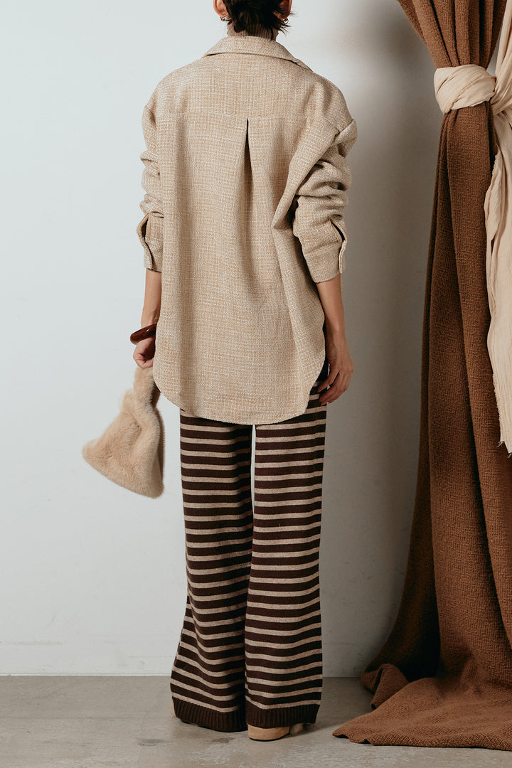 [SET]ルーズクラッシュツイルシャツ+ボーダーリラックスニットパンツ(2set)