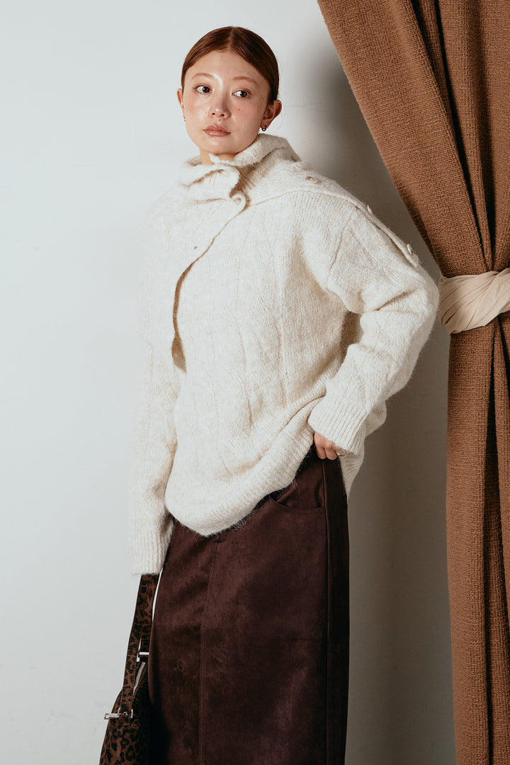 [SET]ケープデザインケーブルニットトップス+スウェードライク裾フリンジスカート(2set)