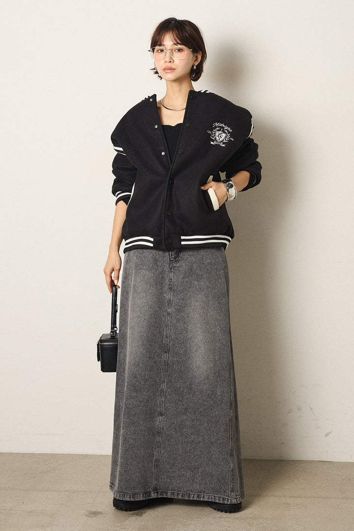 [SET]ワンポイントデザインブルゾン+デニムロングフレアスカート(2set)