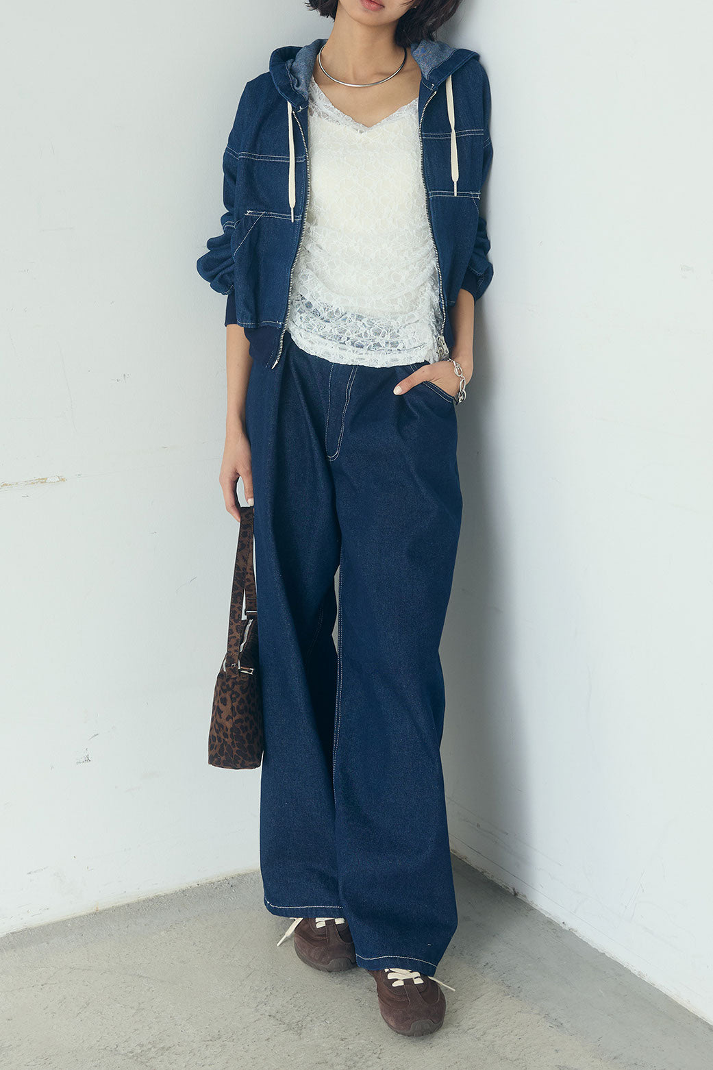 [SET]デニムダブルジップパーカーブルゾン+デニムタックカーブパンツ(2set)