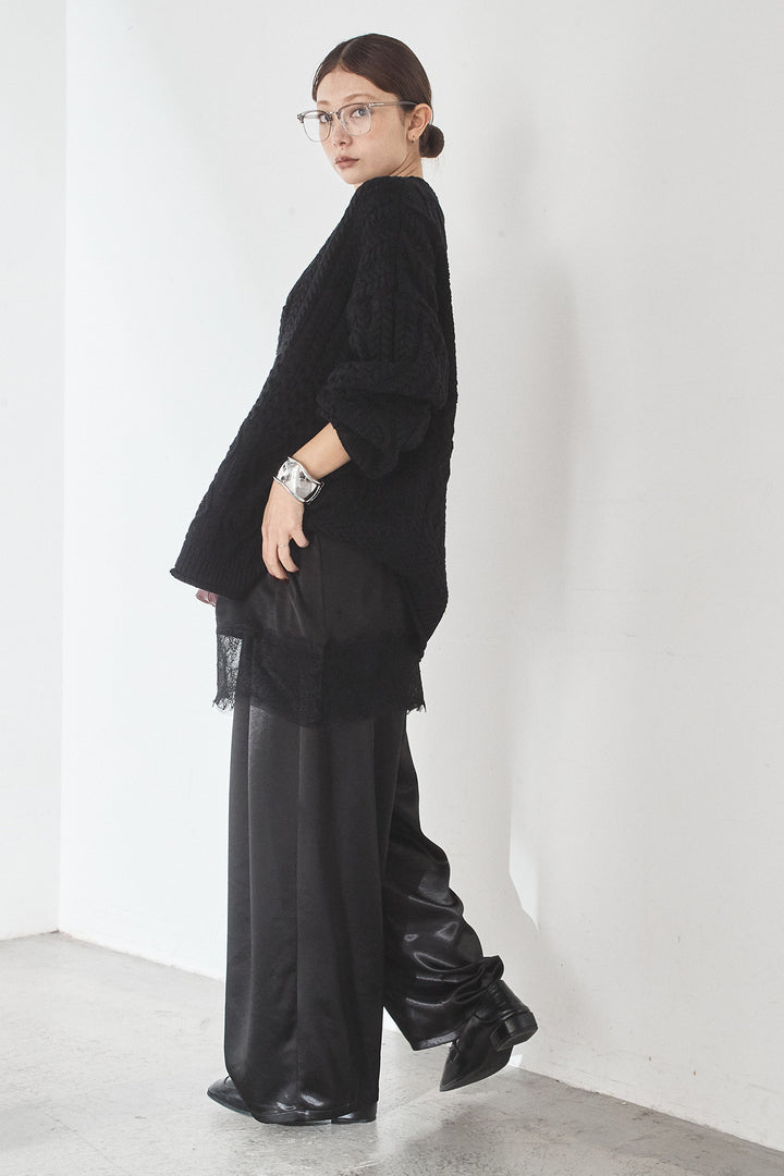 [SET]ケーブルVニットセーター+サテンタックワイドパンツ(2set)