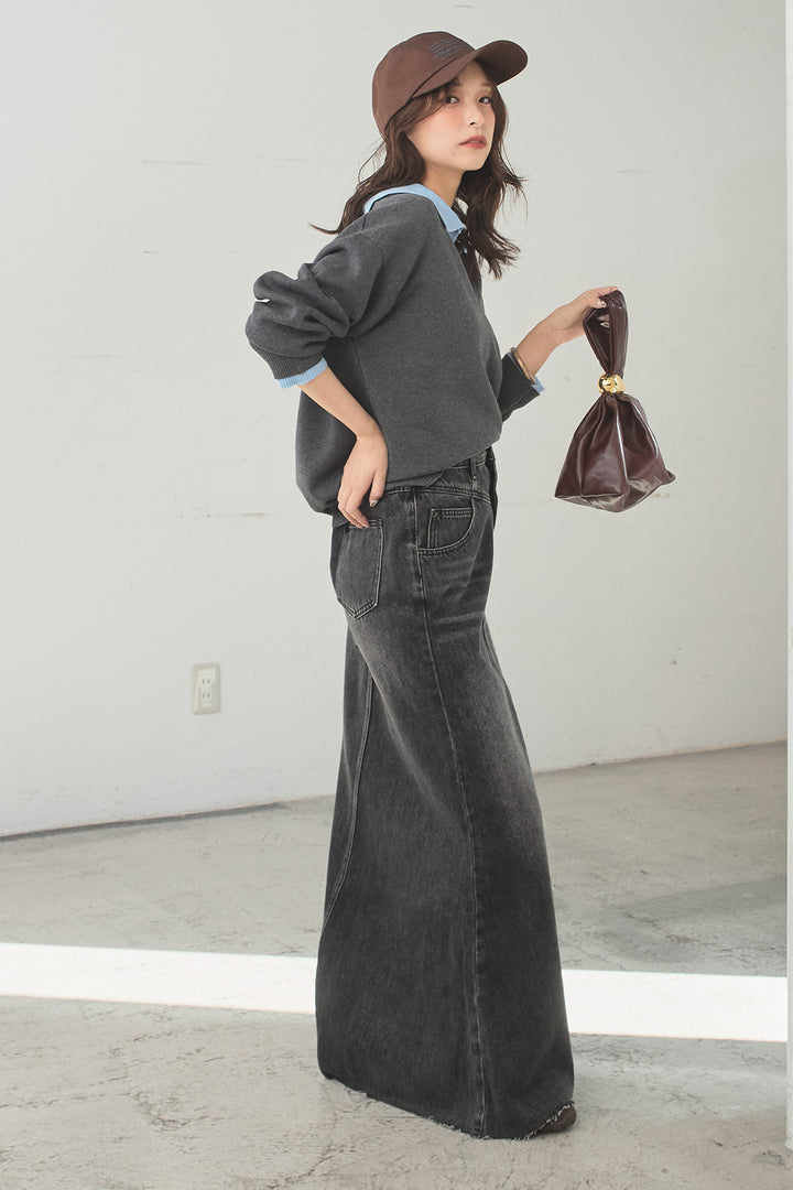 [SET]バイカラーニットレイヤード風プルオーバー+Aラインデニムスカート(2set)