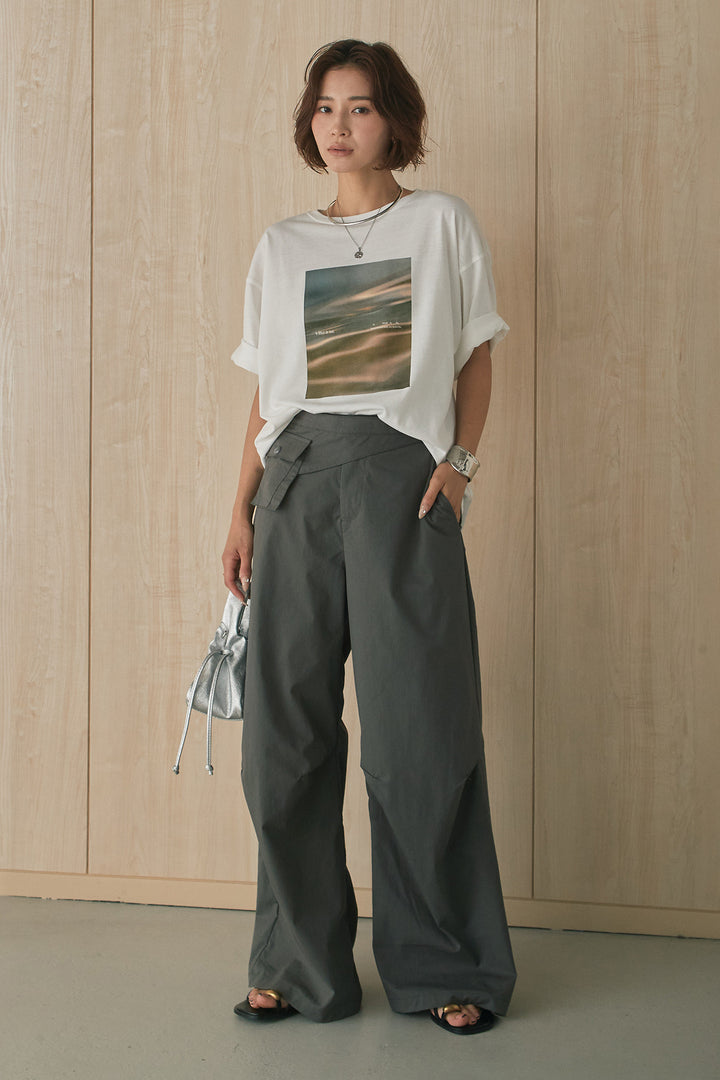 [SET]MarbleプリントTシャツ+ポケットベルト付きニーサイドタックパンツ(2set)