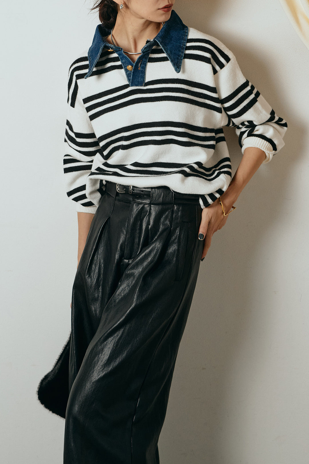 [SET]デニムレイヤード風ランダムボーダーニットプルオーバー+ベルト付きレザーライクタックパンツ(2set)