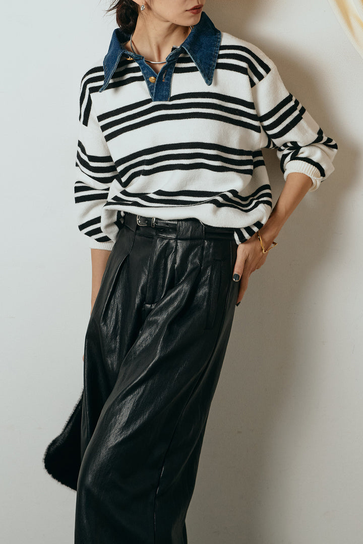 [SET]デニムレイヤード風ランダムボーダーニットプルオーバー+ベルト付きレザーライクタックパンツ(2set)