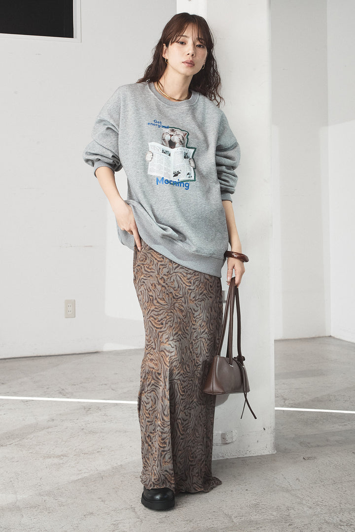 [SET]裏起毛モーニングキャットプリントスウェット+抽象柄ロングスカート(2set)