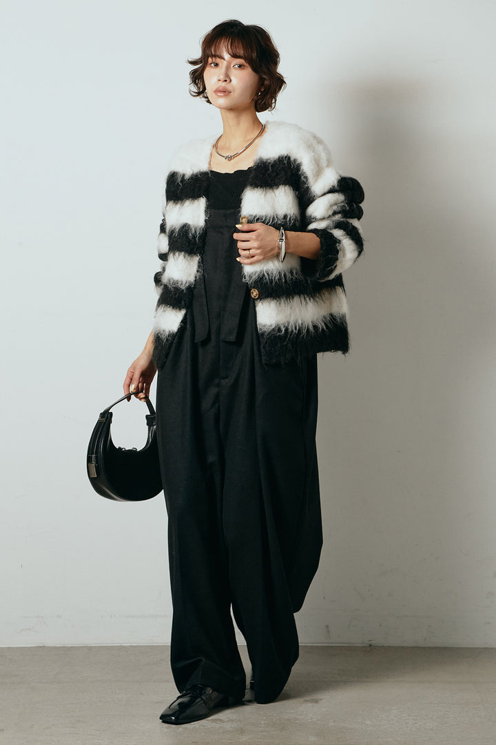 [SET]シャギーボーダー柄ニットカーディガン+ウール混フランネルワイドサロペット(2set)