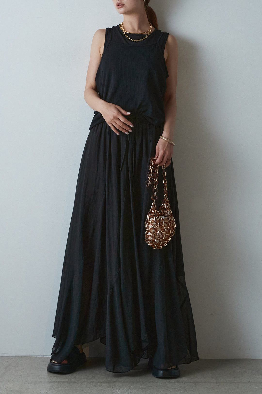 [SET]接触冷感シアーランダムリブデザインキャミタンク+シアーフレアスカート(2set)
