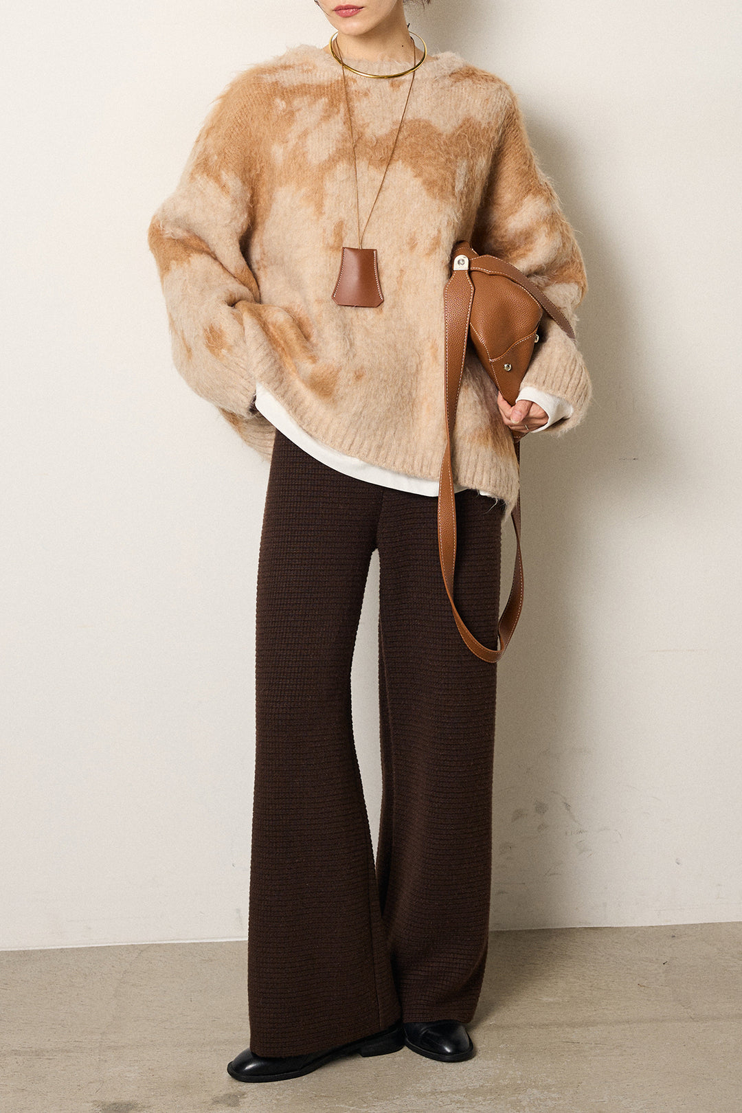 [SET]モヘアタッチマーブルニット+箔プリントBIGシルエットロングスリーブTシャツ+ワイドリブニットイージーパンツ(3set)