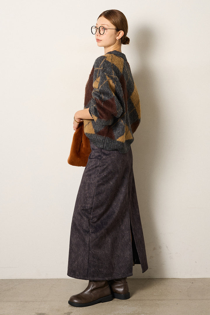 [SET]アクリルモヘアアーガイルキーネックプルオーバー+ロープベルト付きスウェード調スカート(2set)