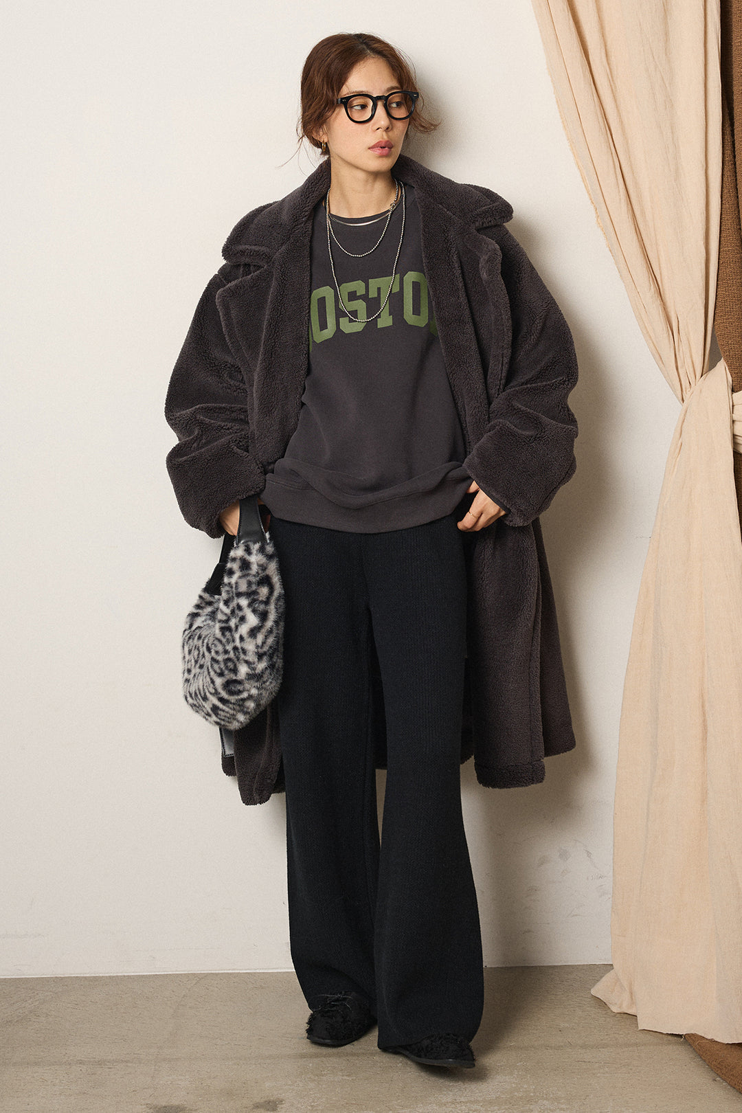 [SET]テディボアロングコート+ロゴデザインルーズスウェット+ワイドリブニットイージーパンツ(3set)