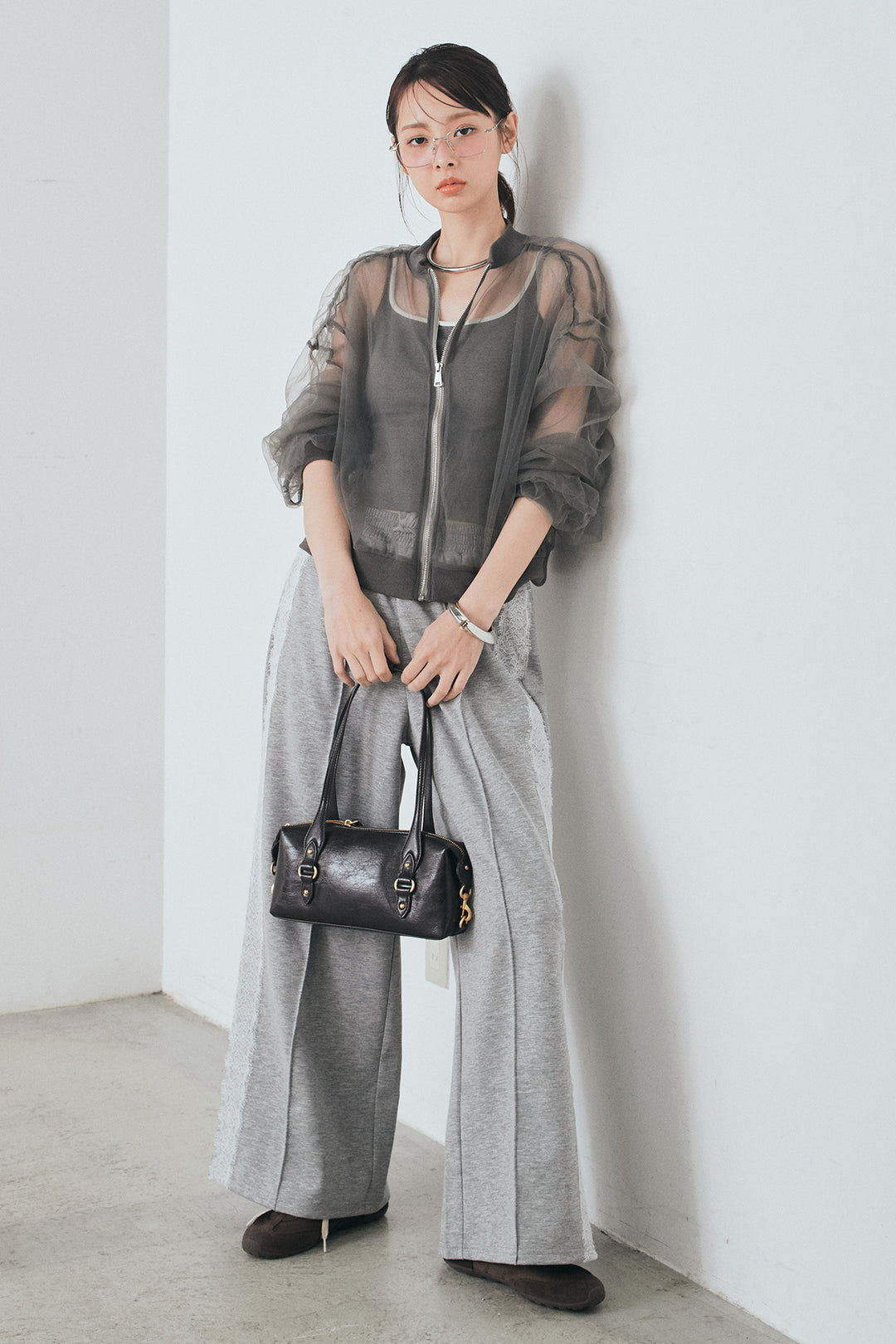 [SET]エアリーチュールスリーブシアーブルゾン+Wフェイスカットソーサイドレースラインパンツ(2set)