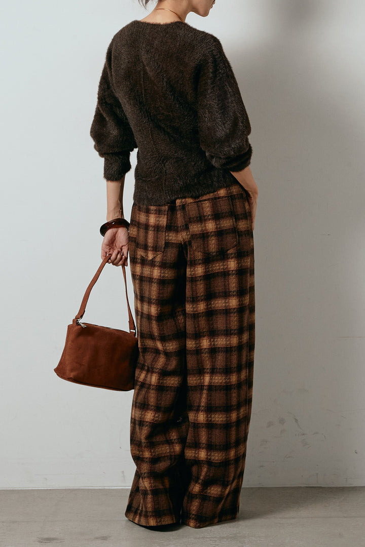 [SET]シャギーカシュクールニットトップス+ルーズタータンチェックワイドパンツ(2set)