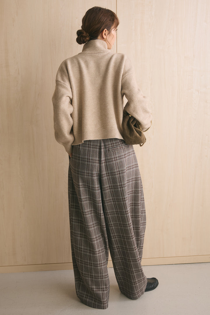 [SET]ナポレオンボタンハイネックニットブルゾン+ブリティッシュチェックバレルパンツ(2set)