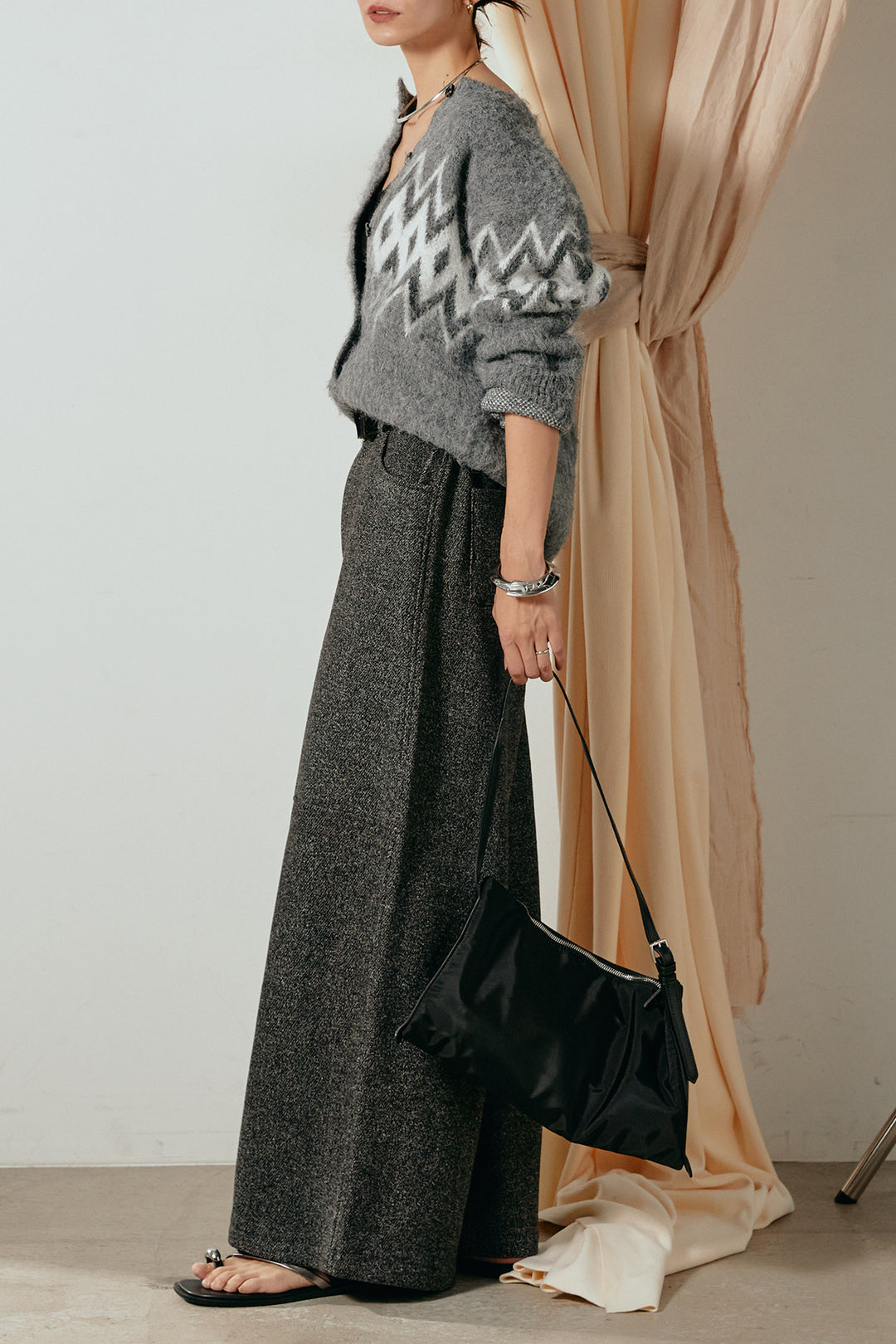 [SET]起毛ノルディック柄ニットカーディガン+太ベルト付きツイードワイドパンツ(2set)