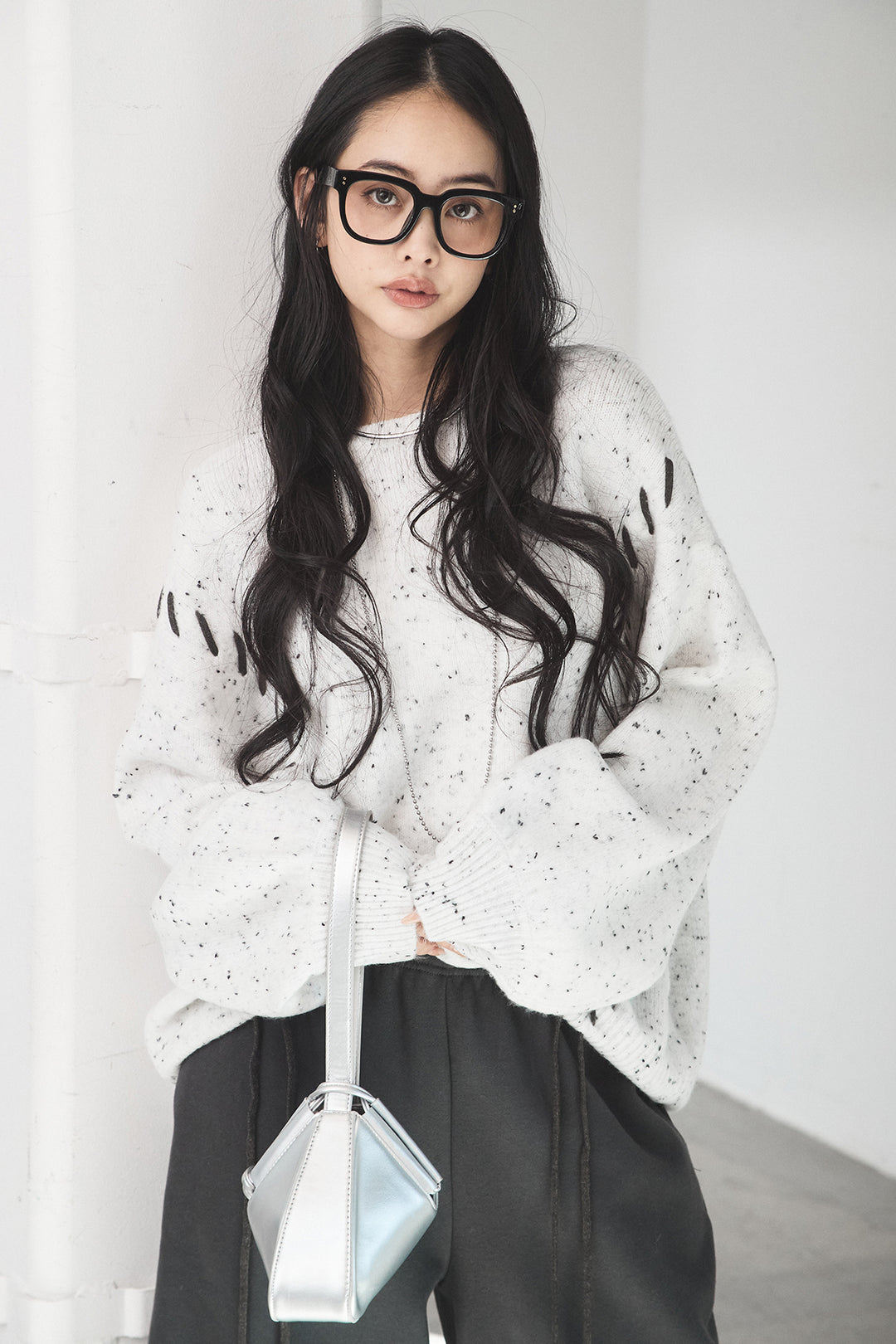 [SET]ネップ編み上げニットトップス+裏起毛スウェットワイドパンツ(2set)