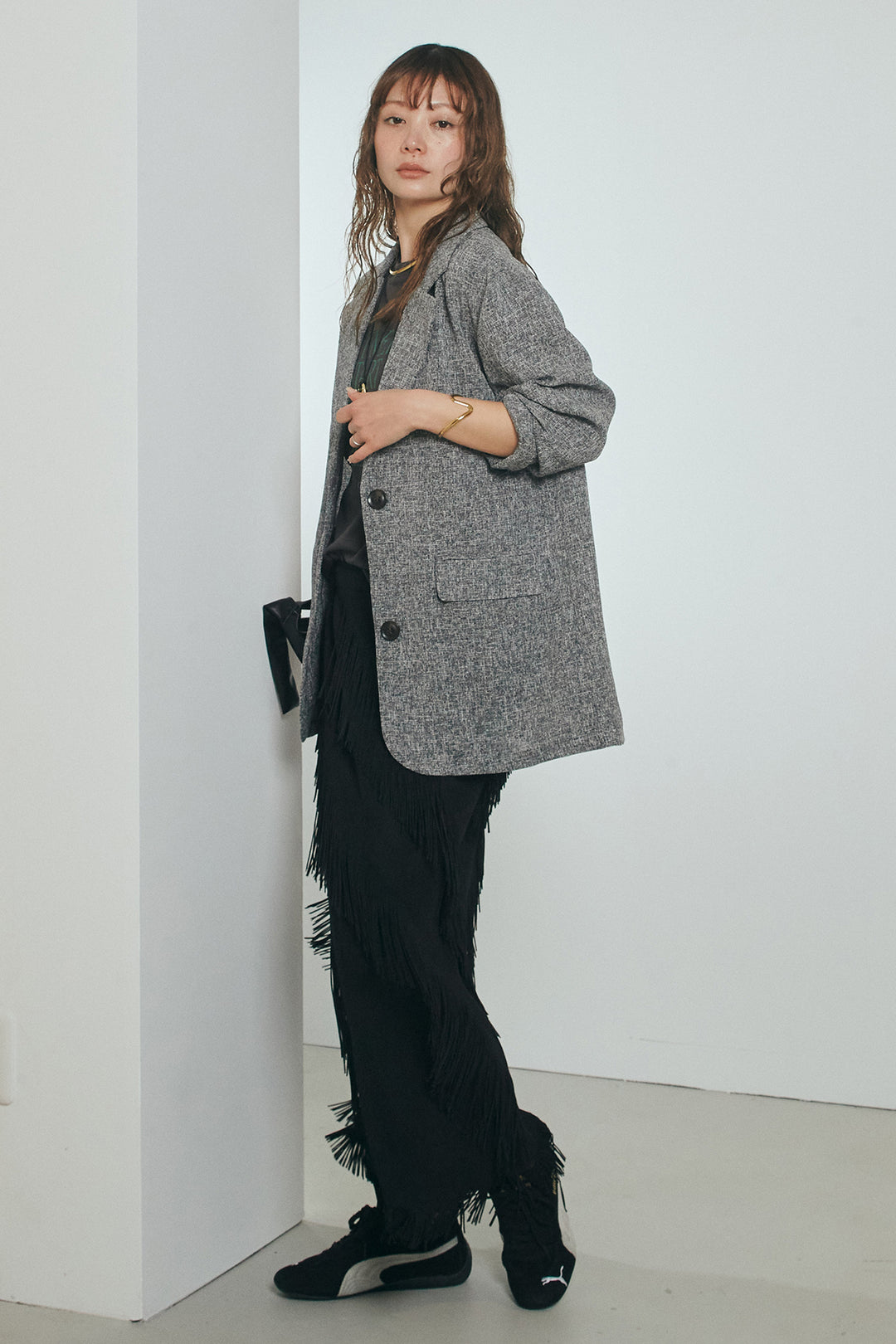 [SET]ミックスツイードベルト付きジャケット+斜めフリンジデザインスカート(2set)