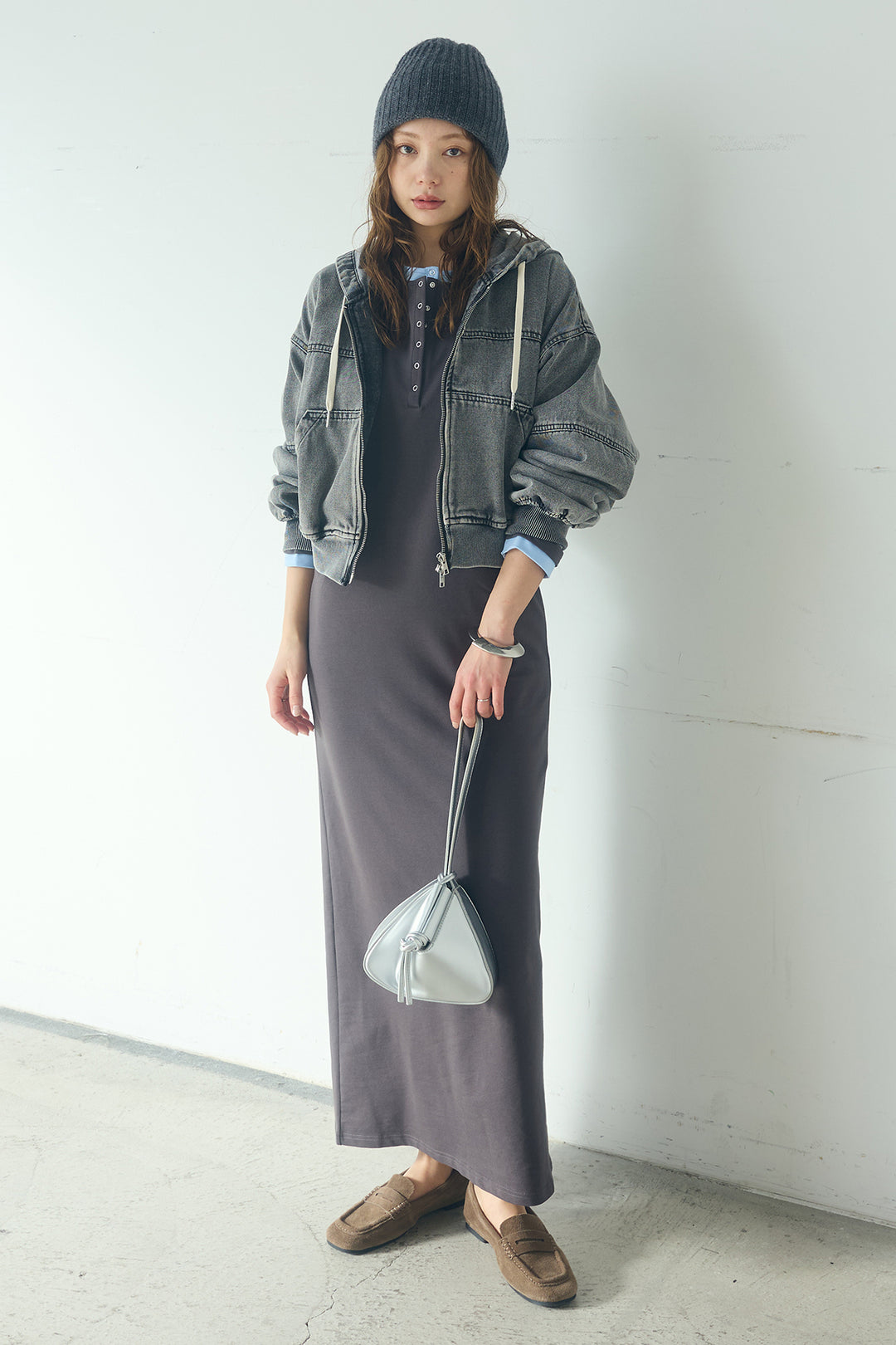 [SET]デニムダブルジップパーカーブルゾン+レイヤード見えヘンリーネックロングワンピース(2set)