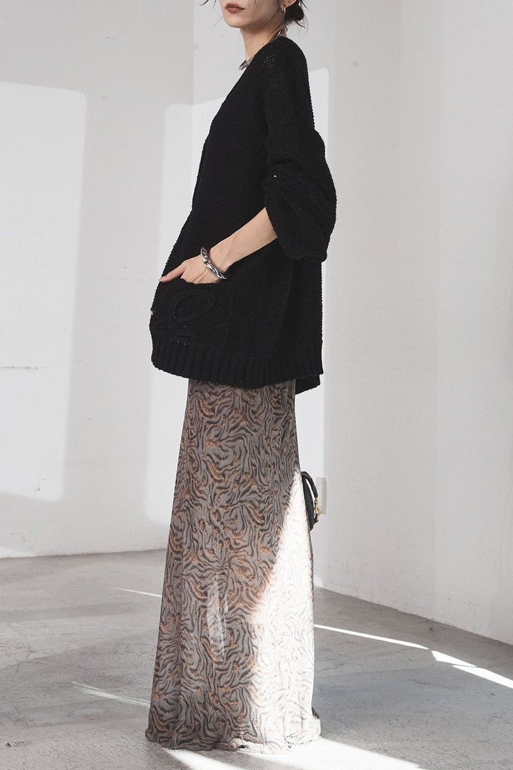 [SET]コード刺繍リラックスニットカーディガン+抽象柄ロングスカート(2set)