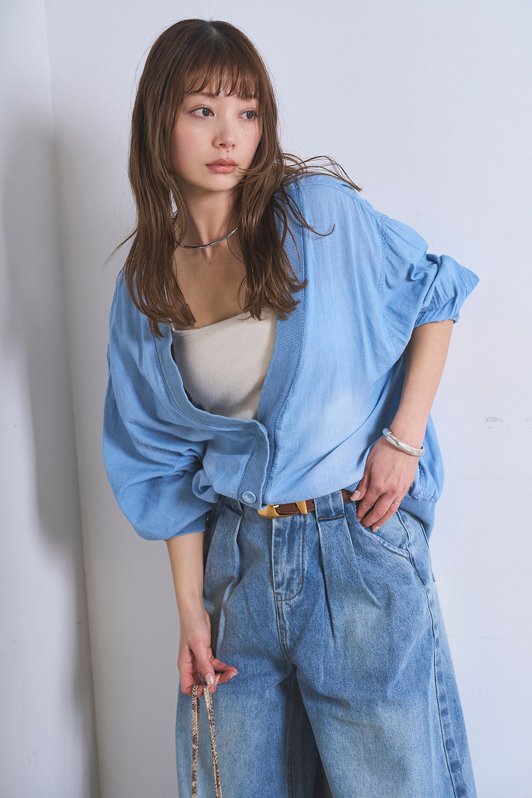 [SET]シアーデニムカーディガン+ベルトループワイドタックデニムパンツ(2set)