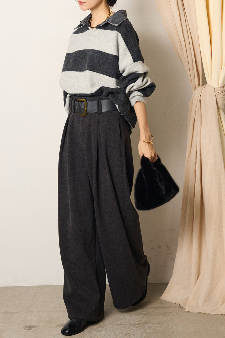 [SET]デニムカラーボーダールーズニット+ゴールドバックル太ベルト付きワイドパンツ(2set)