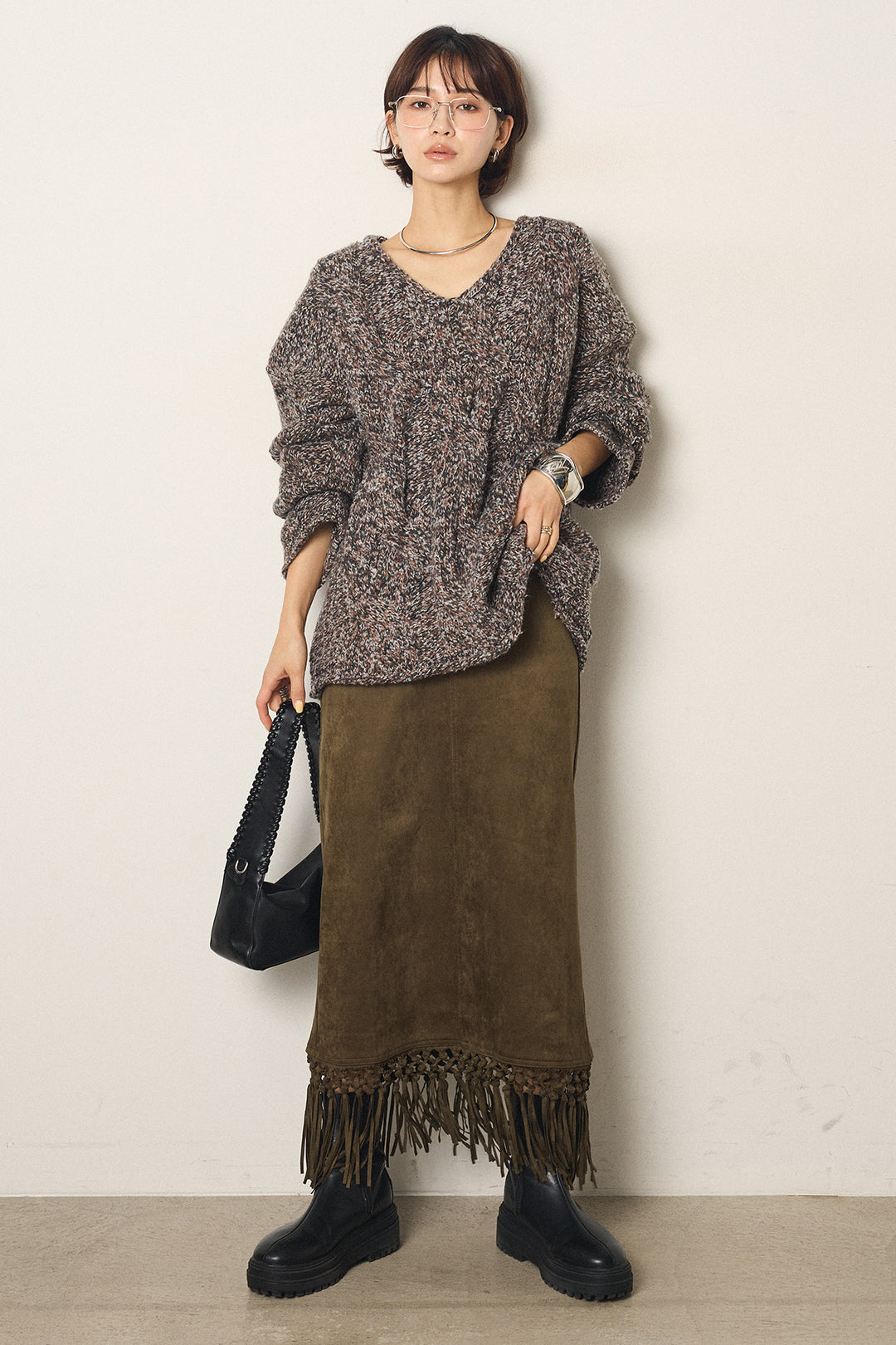 [SET]Vネックミックス編みニットトップス+スウェードライク裾フリンジスカート(2set)