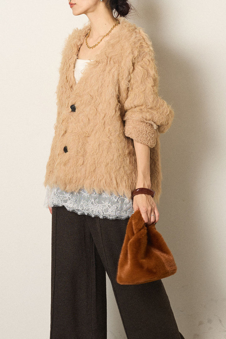 [SET]起毛シャギーニットカーディガン+レース切り替えキャミソール(2set)