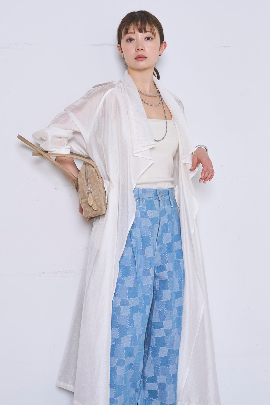 [SET]ロングシアーアウター+パッチワーク風デニムワイドパンツ(2set)