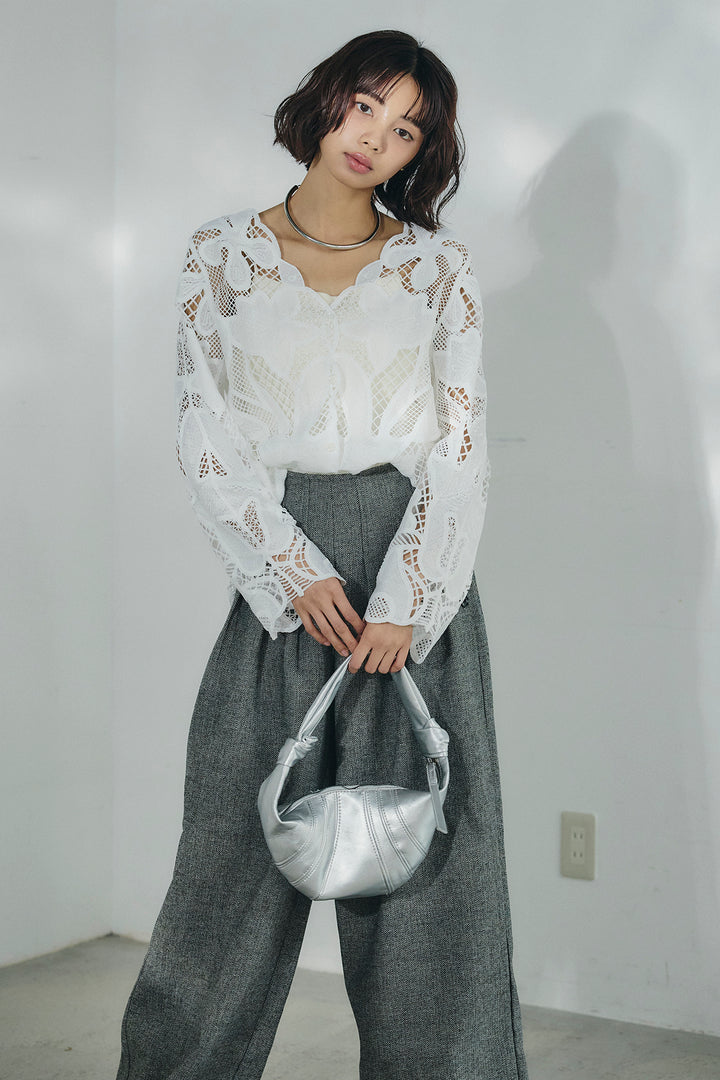 [SET]フラワー刺繍レースブラウス+サイドボタンツイードタックパンツ(2set)