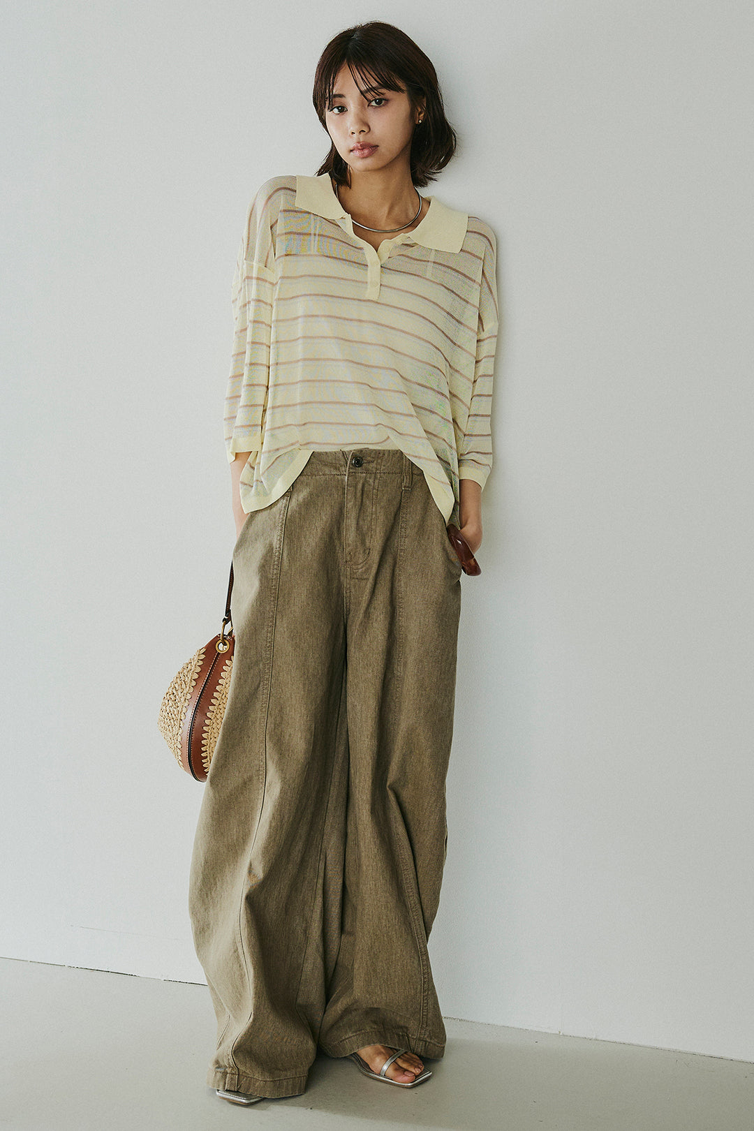 [SET]ボーダーニットポロシャツ+サイドベルトカーブワイドパンツ(2set)