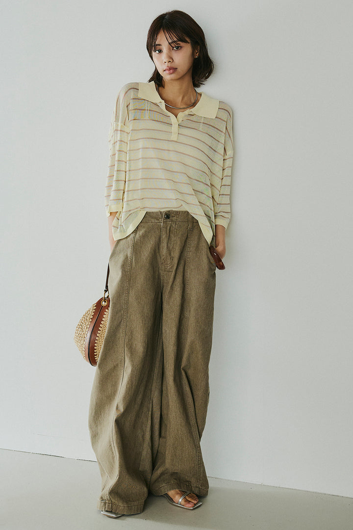 [SET]ボーダーニットポロシャツ+サイドベルトカーブワイドパンツ(2set)