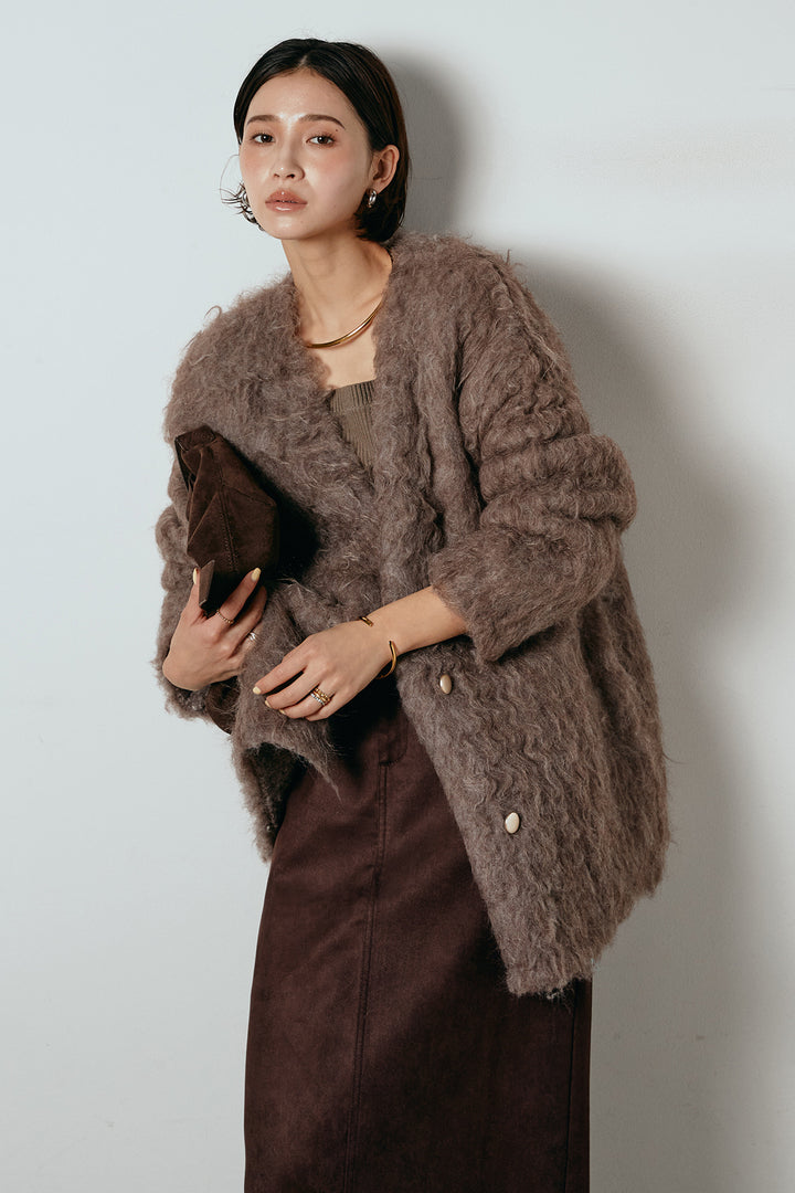 [SET]ウェーブシャギーニットジャケット+スウェードライク裾フリンジスカート(2set)