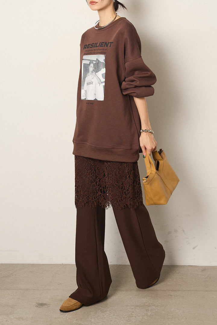 [SET]モノトーンプリントスウェット+レース刺繍レイヤードフレアパンツ(2set)