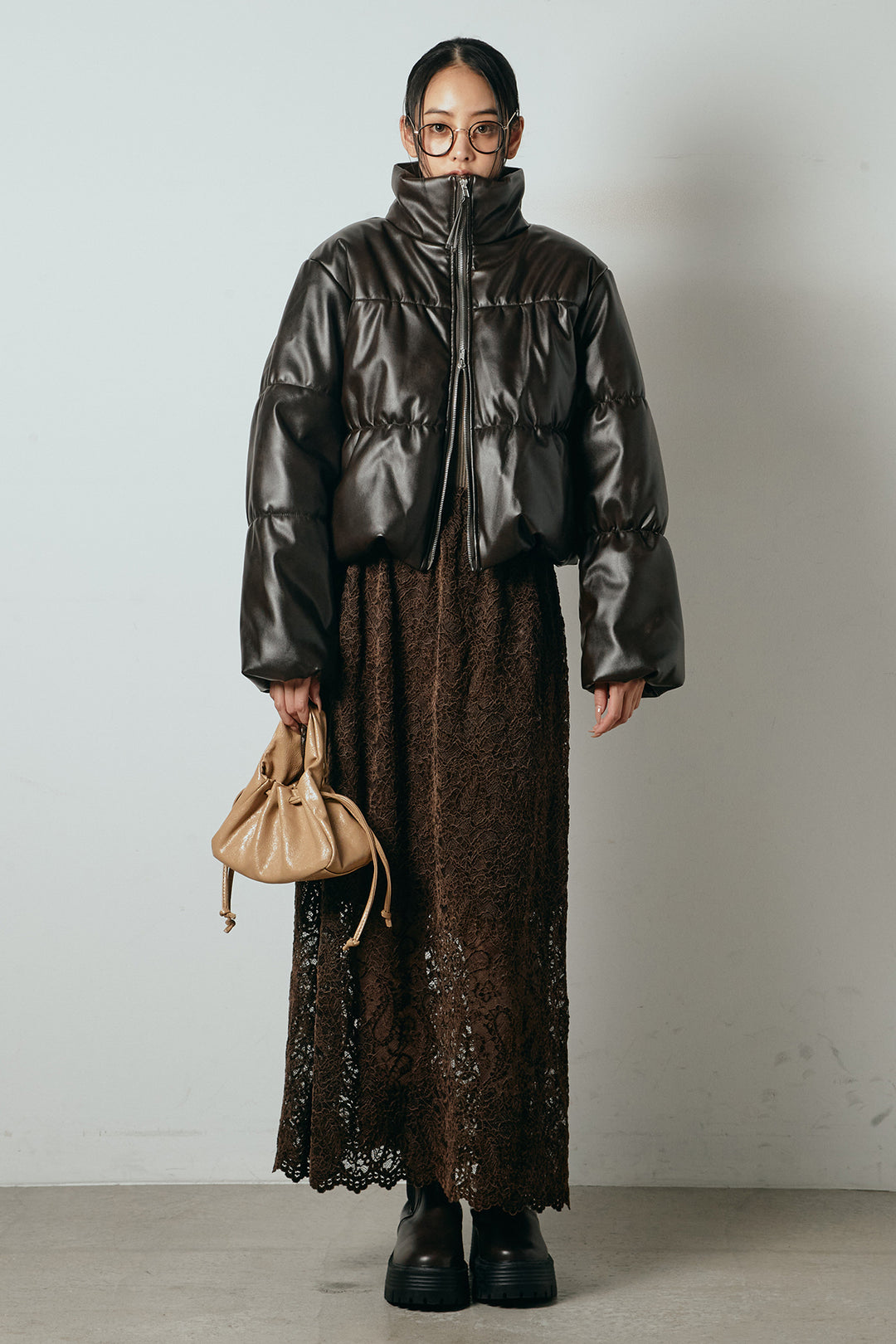 [SET]レザーライクWジップスタンドカラー中綿ブルゾン+総レース刺繍スカート(2set)