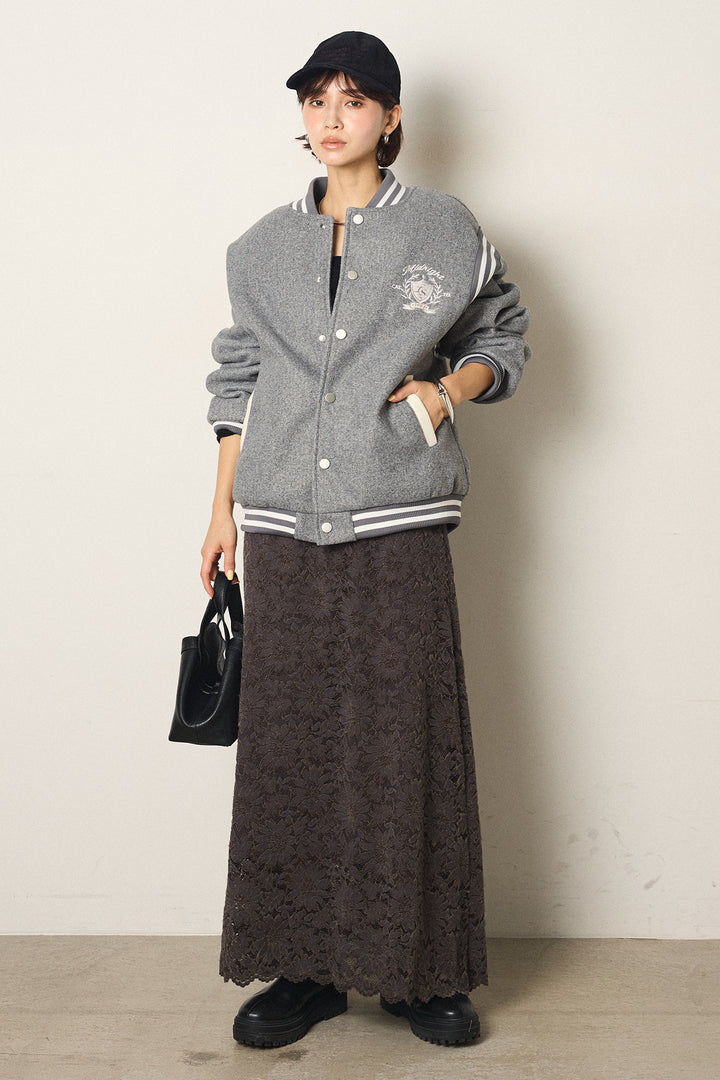 [SET]ワンポイントデザインブルゾン+花柄刺繍ベロアフレアスカート(2set)