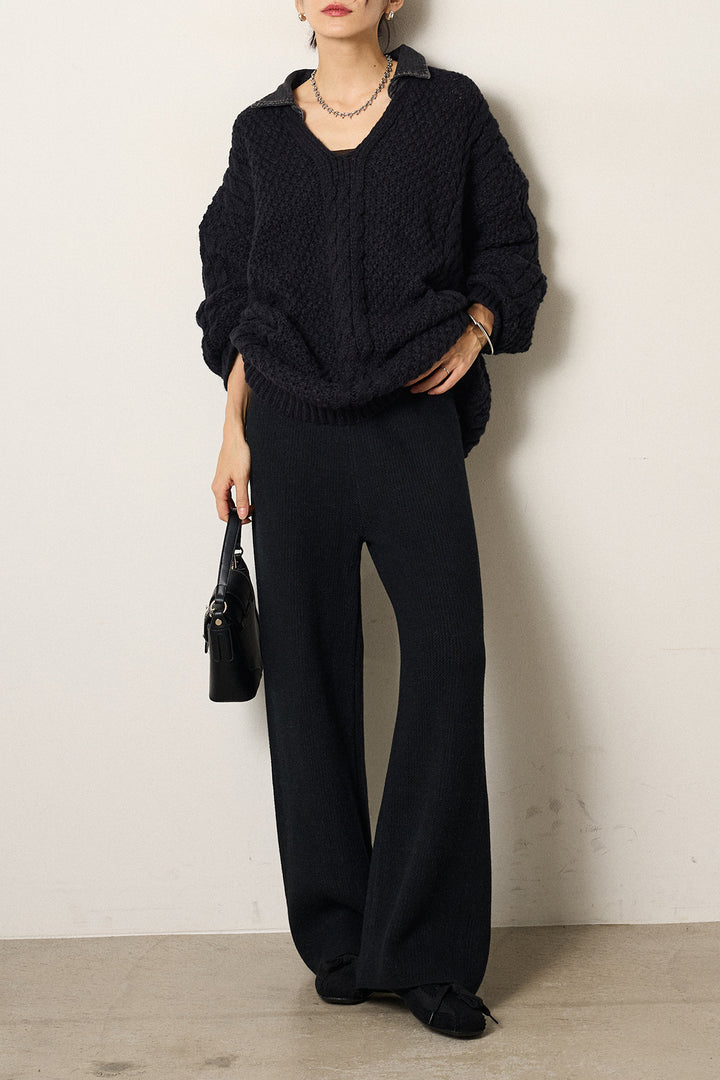 [SET]デニムカラーケーブルオーバーニット+ワイドリブニットイージーパンツ(2set)