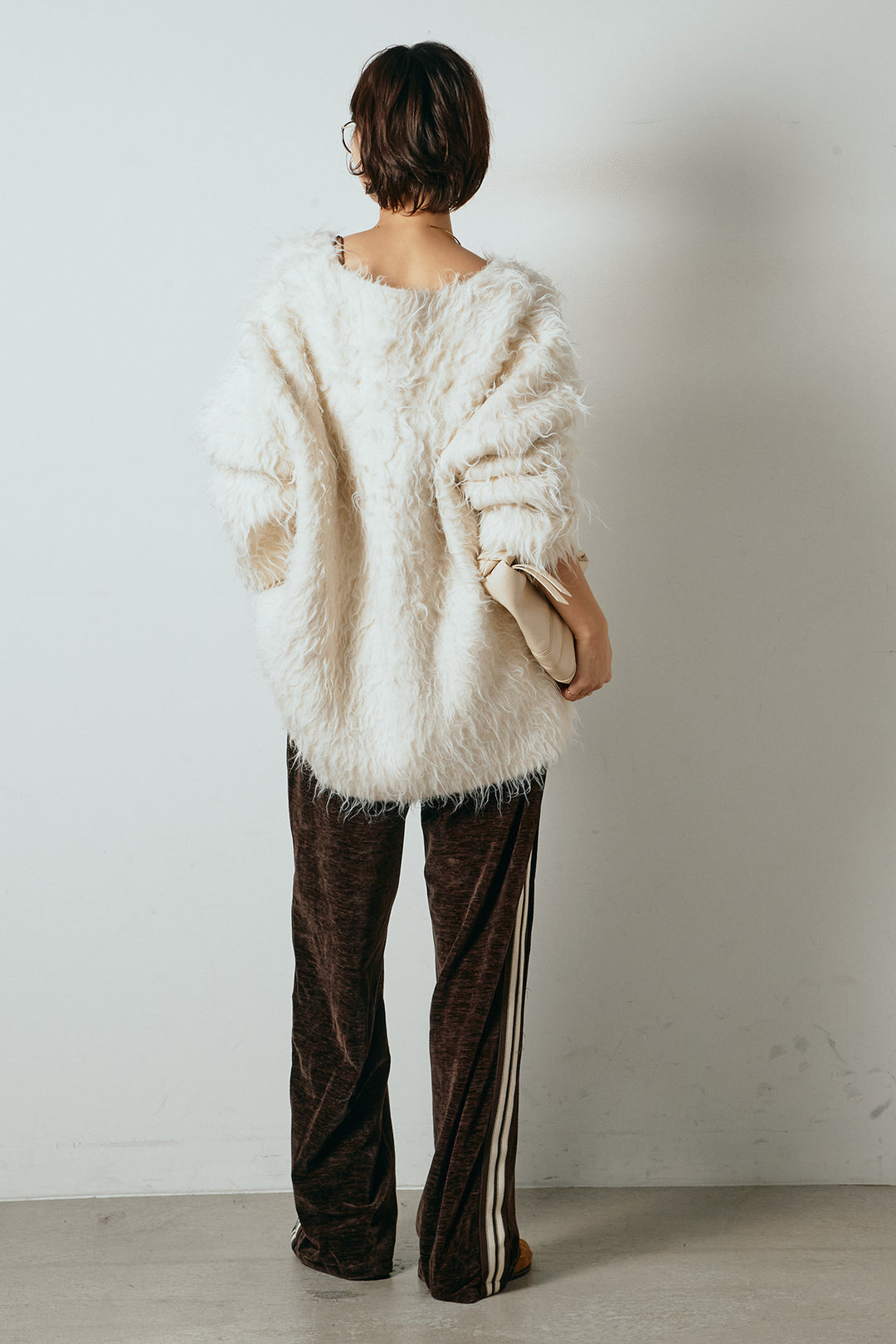 [SET]深Vネックシャギーニットトップス+リラックスサイドラインベロアワイドパンツ(2set)